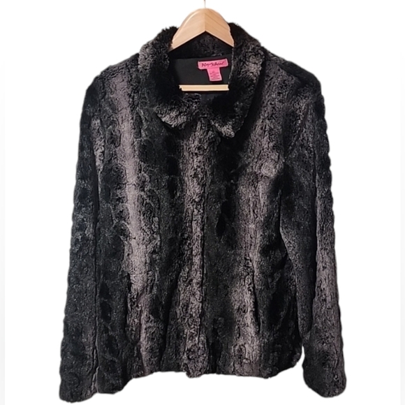 BETSEY JOHNSON Faux Fur Jacket L Super Soft Teddy Black Gray Animal Fuzzy Soft - Picture 7 of 10
